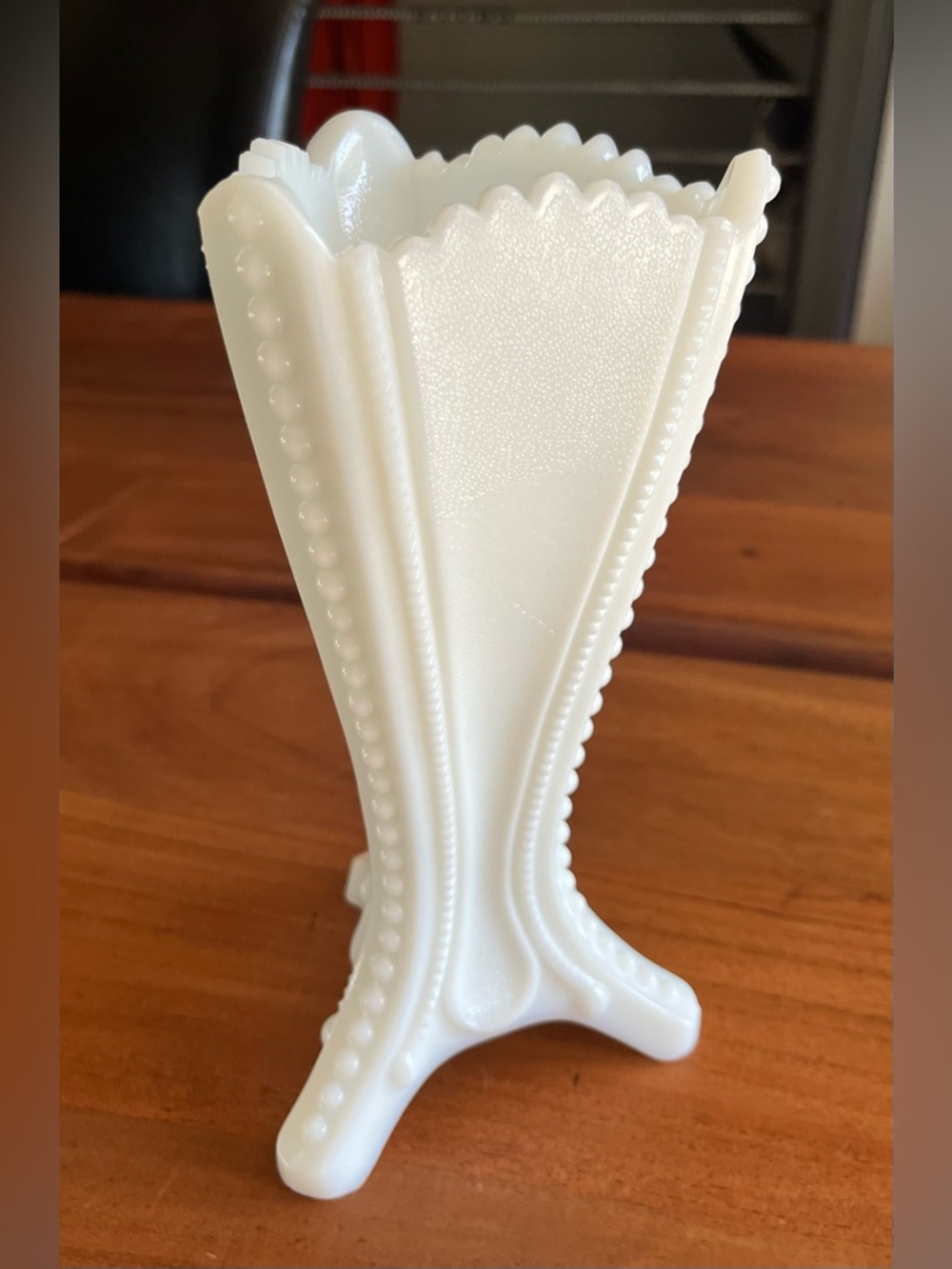 Imperial Glass Doeskin Satin Milk Glass Beaded Three Footed Tricorn 8.5” Vase